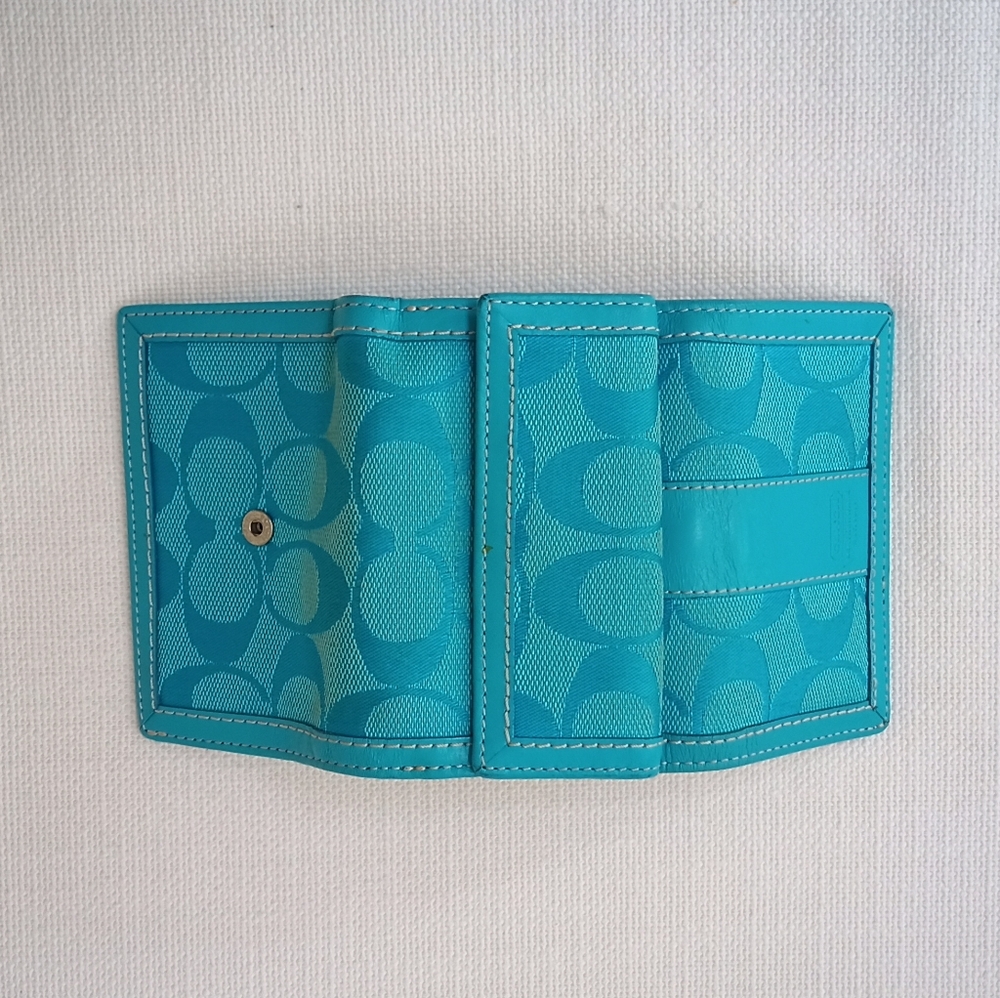 Coach Stunning Aqua Blue Leather & Canvas Compact Wallet - Picture 4 of 11
